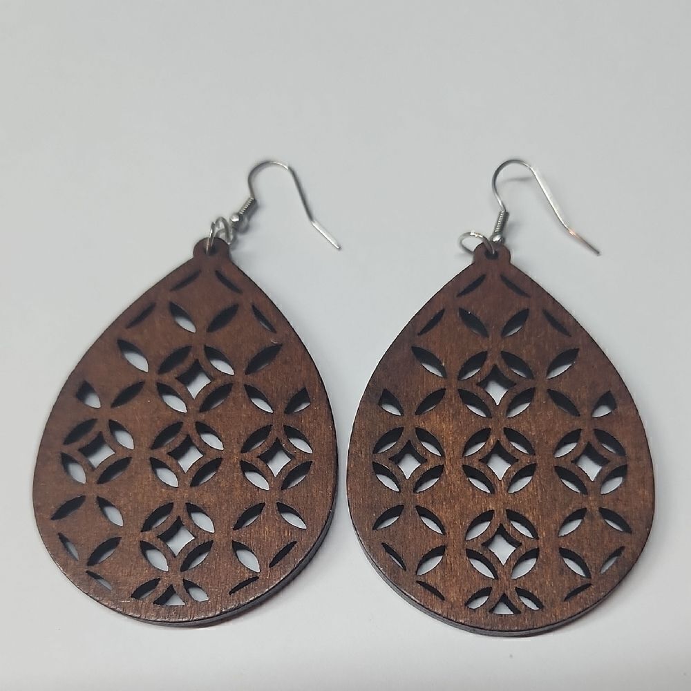 Brown Teardrop Earrings with Intricate Cutout Design and Silver Hooks